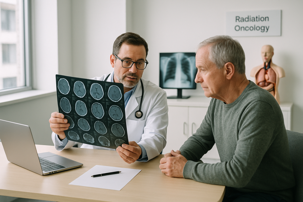 Лекар обсъжда образни изследвания с пациент преди CyberKnife лечение