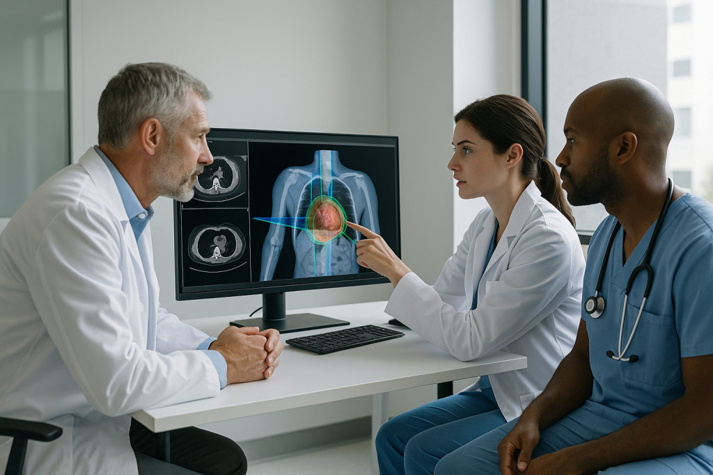 Лекарски екип обсъжда образни изследвания за CyberKnife при метастази