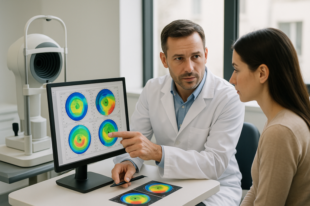Офталмолог обсъжда изследвания за LASIK с пациент в клиника